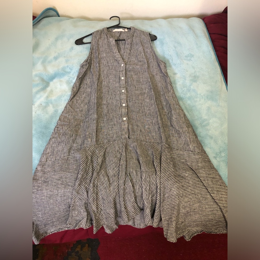 Vintage 100 p linen dress blue white striped